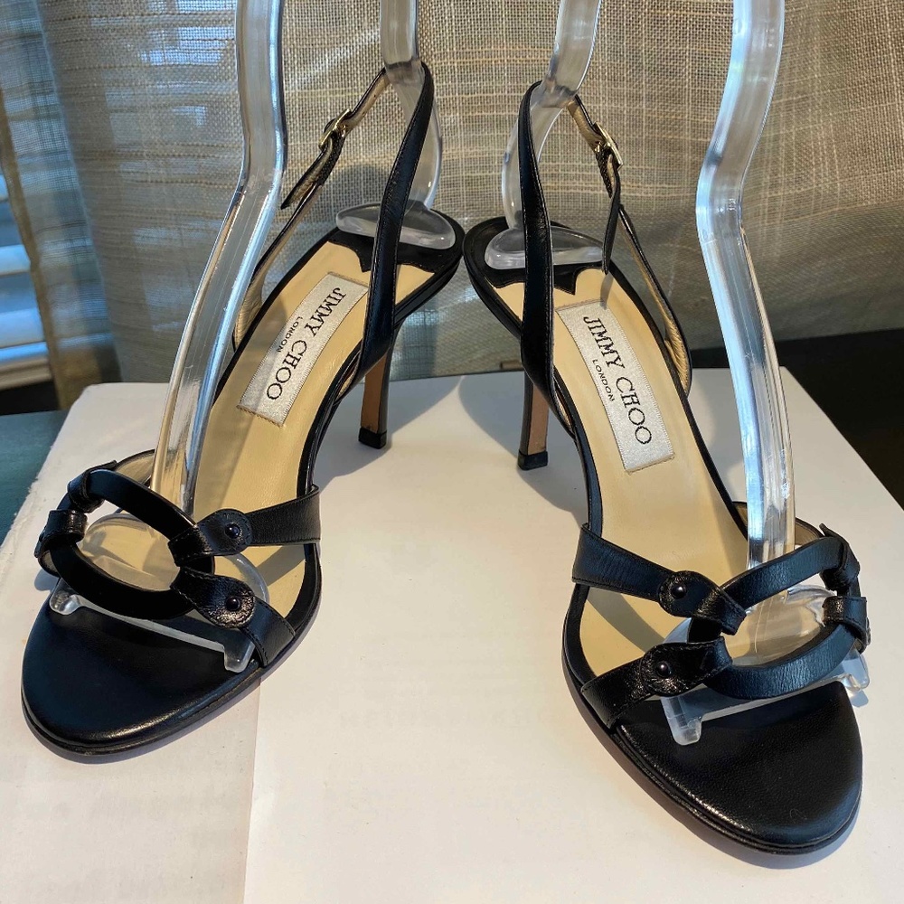 JIMMY CHOO LONDON BLACK LEATHER ANKLE-STRAP HEELS SANDALS SILV BUCKL 35.5-6 oval